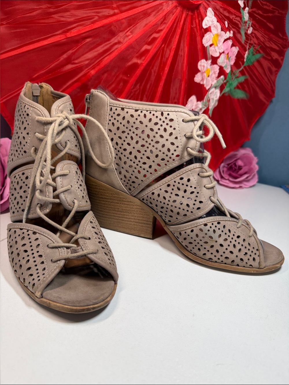 Qupid Taupe Perforated Lace-Up Block Heel Ankle Boots